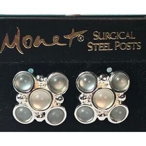 Monet Silver-Tone Earrings with Colored Glass Cabachons - Vintage
